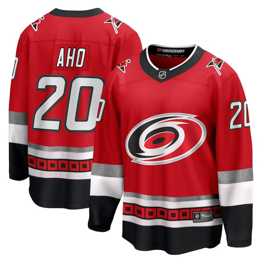 Men Carolina Hurricanes #20 Sebastian Aho Fanatics Branded Red 25th Anniversary Premier Breakaway Player NHL Jersey